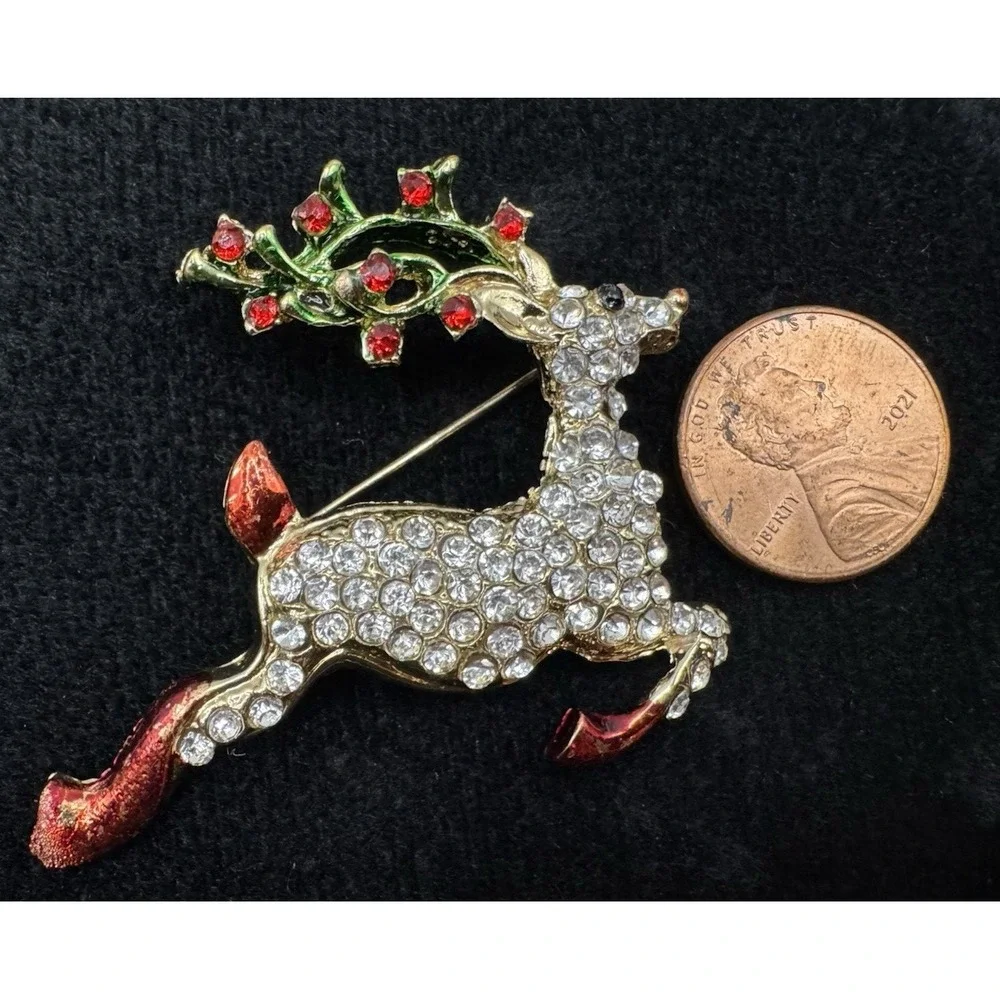 Christmas Reindeer Brooch Rhinestone Pave Gold Tone Red Enamel Holly Pin - Picture 2 of 10